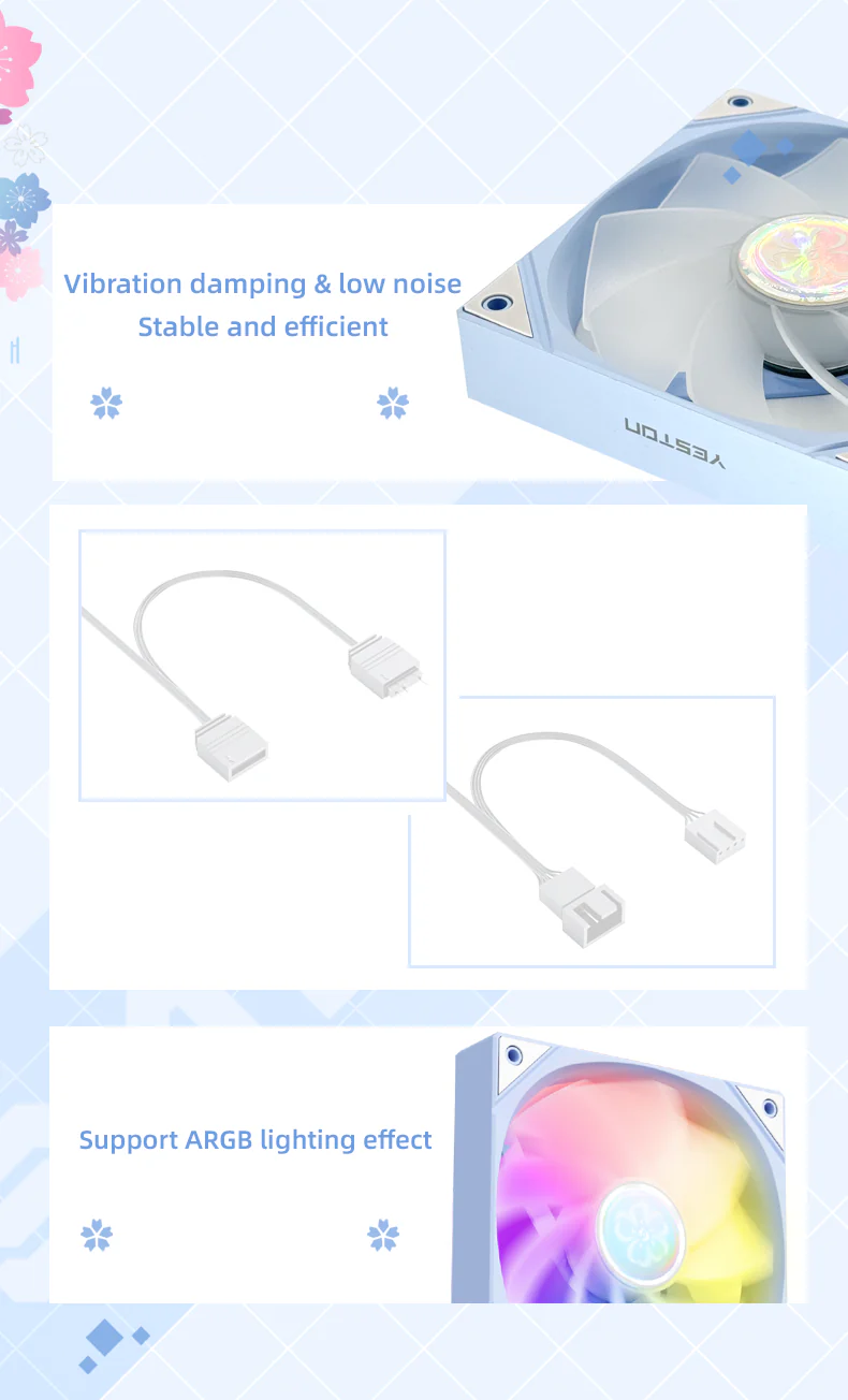 (Promotion: $5 discount over $30)Yeston SAKURA Computer Case Fan ARGB LED 120mm Cooler Fan Quiet Edition High Airflow Color LED Case Fan 4pin PWM Silent Fan with Hydraulic Bearing (Forward Fan) - Image 8